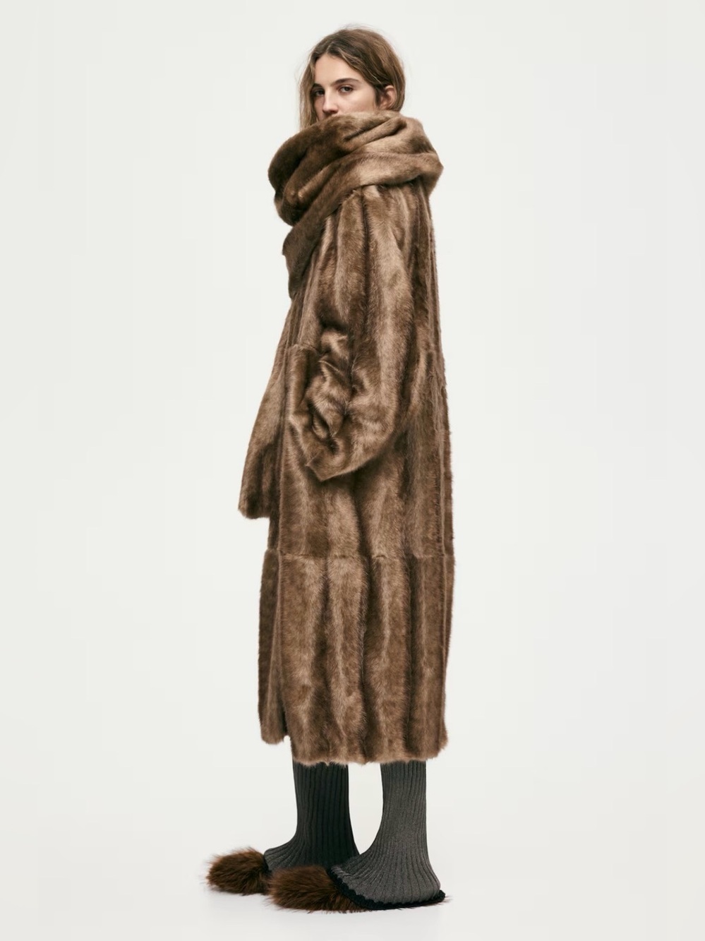 Viral H&M Fur Coat With Scarf-Detail New Luxurious Brown Faux Fur Coat Sz Small - Picture 6 of 14